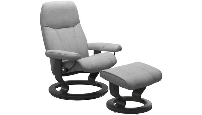 Stressless Consul Classic Recliner and Stool in Clover Light Grey Fabric with Grey Wood Stain